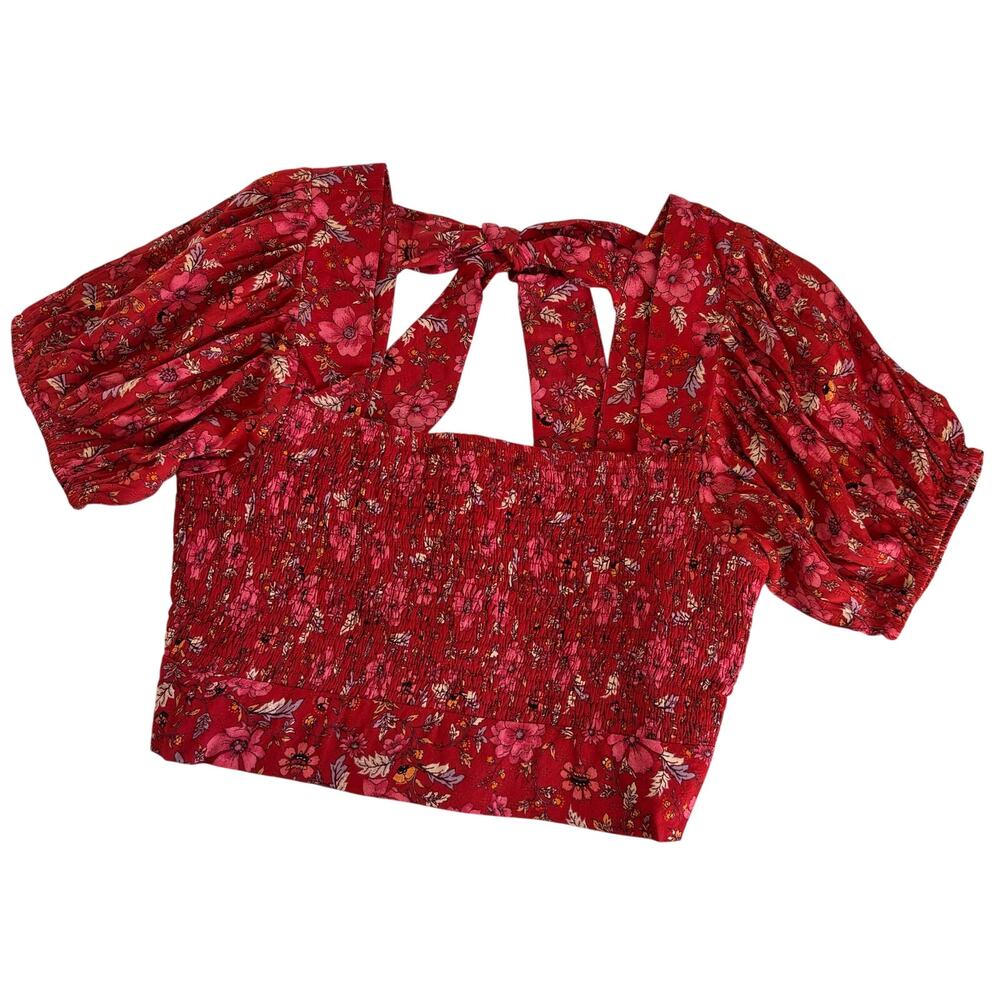 Band of the Free Joelle Crimson Red Floral Print Smocked Boho Top Women’s Medium